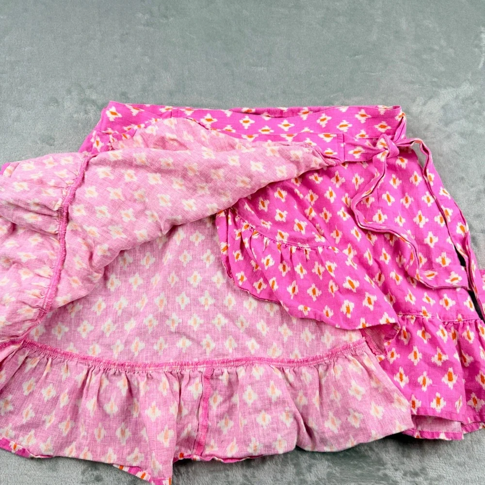 Aerie Pink Ikat Women's Small Linen Blend Ruffle Wrap Mini Skirt